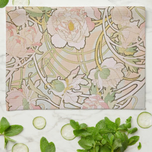 Peonies Abstract Pattern Alphonse Mucha Kitchen Towel