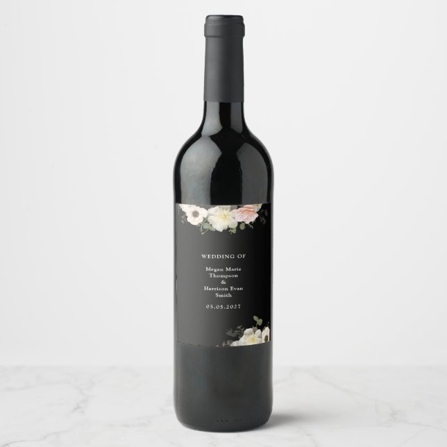 Peonies and Anemones blooming Wedding Wine Label (Front)