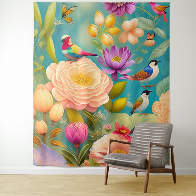 Peonies and Birds in pastel colours Tapestry (In Situ)