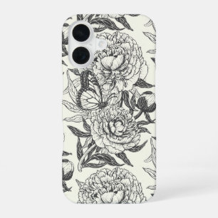 Peonies and butterflies block print, black and whi iPhone 16 case