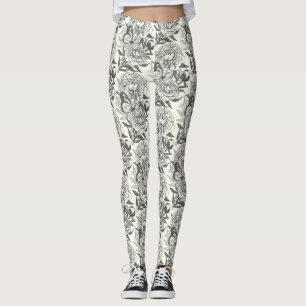 Peonies and butterflies block print, black and whi leggings