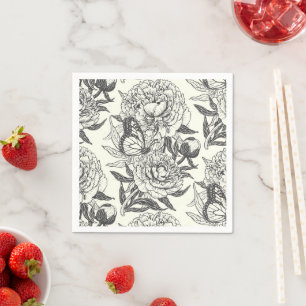 Peonies and butterflies block print, black and whi napkin