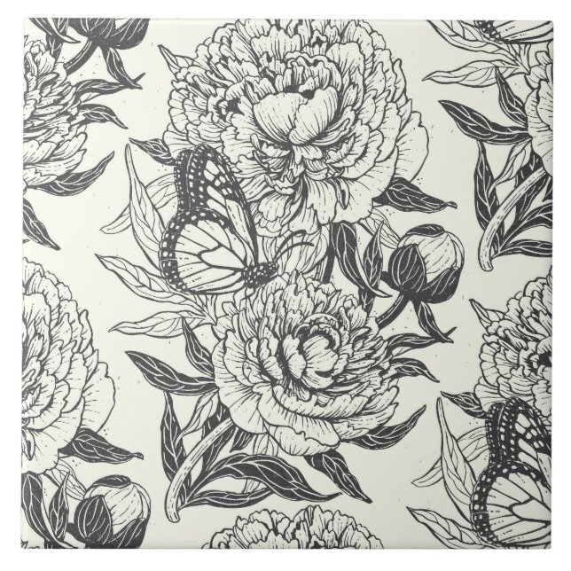 Peonies and butterflies block print, black and whi tile (Front)