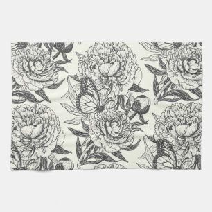 Peonies and butterflies block print,black and whit kitchen towel