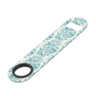 Peonies and butterflies block print, lagoon Blue Bar Key
