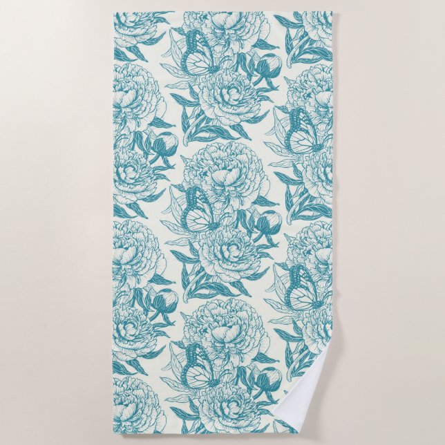 Peonies and butterflies block print, lagoon Blue Beach Towel (Front)