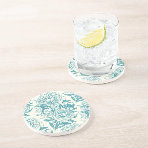 Peonies and butterflies block print, lagoon Blue Coaster