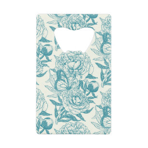 Peonies and butterflies block print, lagoon Blue Credit Card Bottle Opener