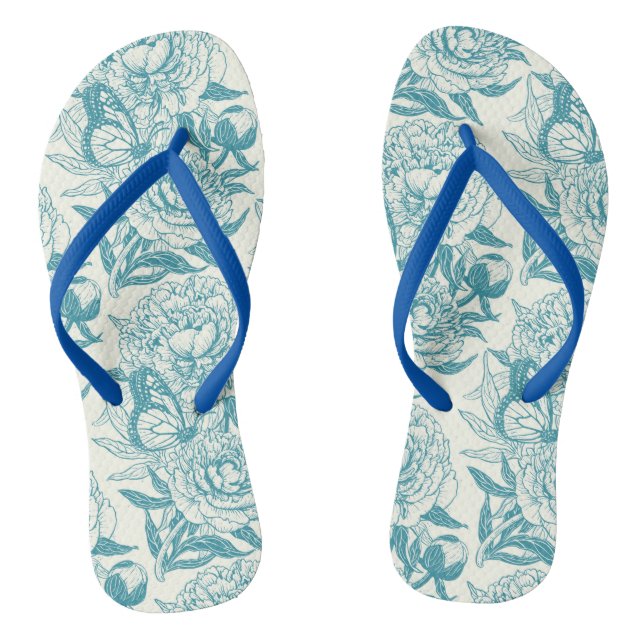 Peonies and butterflies block print, lagoon Blue Flip Flops (Footbed)