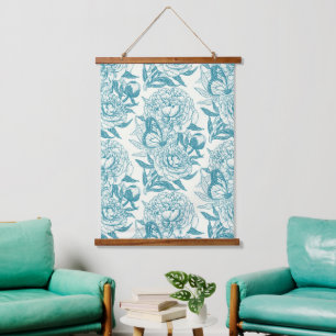 Peonies and butterflies block print, lagoon Blue  Hanging Tapestry