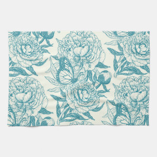 Peonies and butterflies block print, lagoon Blue Kitchen Towel