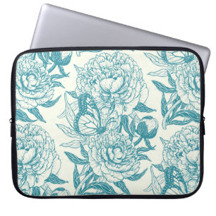 Peonies and butterflies block print, lagoon Blue Laptop Sleeve