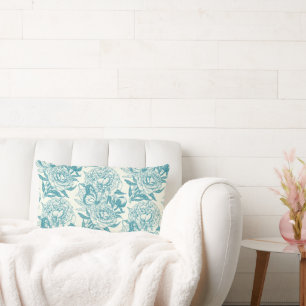Peonies and butterflies block print, lagoon Blue Lumbar Pillow