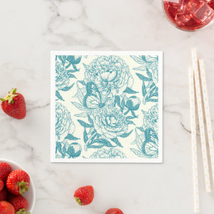 Peonies and butterflies block print, lagoon Blue Napkin