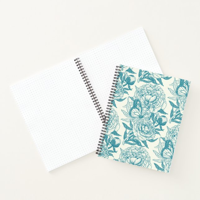 Peonies and butterflies block print, lagoon Blue Notebook (Inside)
