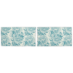 Peonies and butterflies block print, lagoon Blue Pillowcase