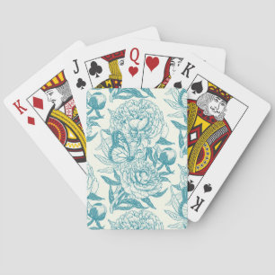 Peonies and butterflies block print, lagoon Blue Playing Cards