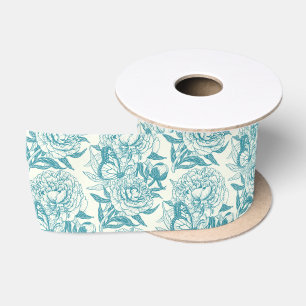 Peonies and butterflies block print, lagoon Blue Satin Ribbon