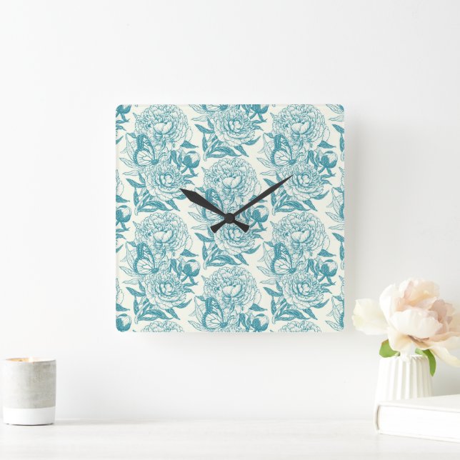 Peonies and butterflies block print, lagoon Blue  Square Wall Clock (Home)