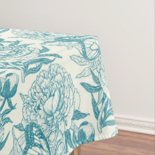 Peonies and butterflies block print, lagoon Blue Tablecloth