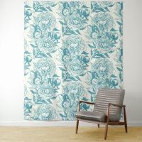 Peonies and butterflies block print, lagoon Blue