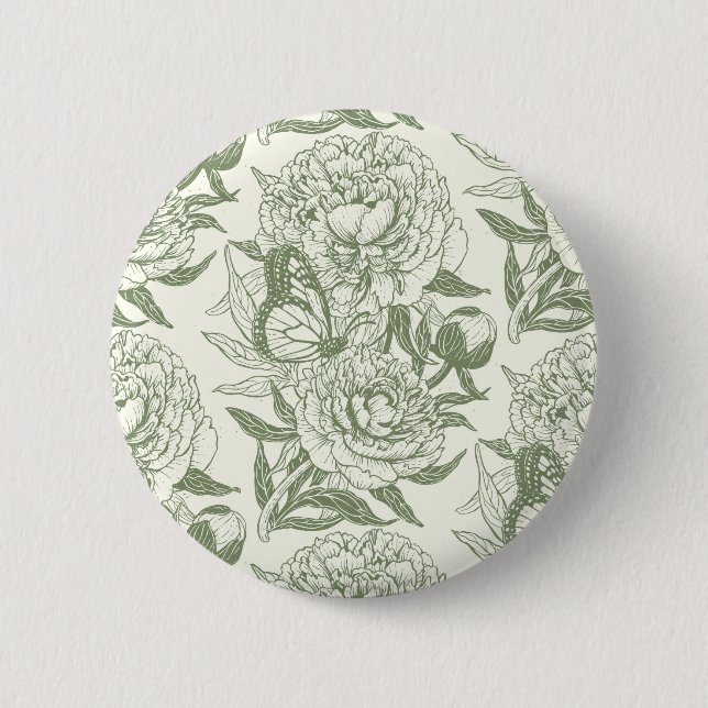 Peonies and butterflies block print, sage green an 2 inch round button (Front)