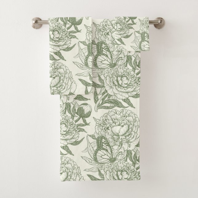 Peonies and butterflies block print, sage green an bath towel set (Insitu)