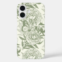 Peonies and butterflies block print, sage green an