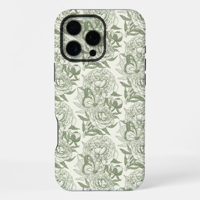 Peonies and butterflies block print, sage green an iPhone case (Back)