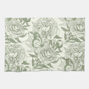 Peonies and butterflies block print, sage green an kitchen towel