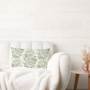 Peonies and butterflies block print, sage green an lumbar pillow