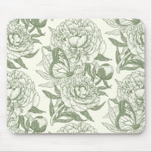 Peonies and butterflies block print, sage green an mouse pad