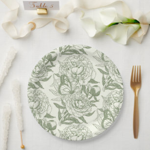 Peonies and butterflies block print, sage green an paper plate