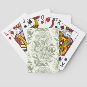 Peonies and butterflies block print, sage green an playing cards