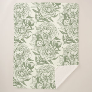 Peonies and butterflies block print, sage green an sherpa blanket