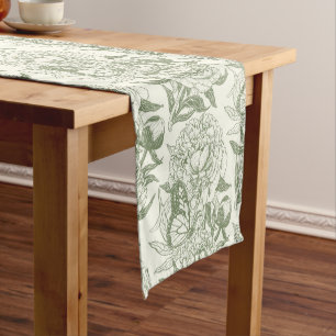 Peonies and butterflies block print, sage green an short table runner