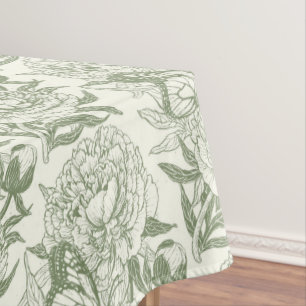 Peonies and butterflies block print, sage green an tablecloth