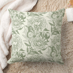 Peonies and butterflies block print, sage green an throw pillow