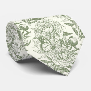 Peonies and butterflies block print, sage green an tie