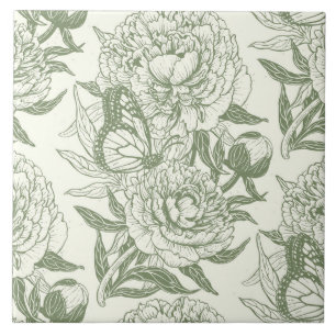 Peonies and butterflies block print, sage green an tile