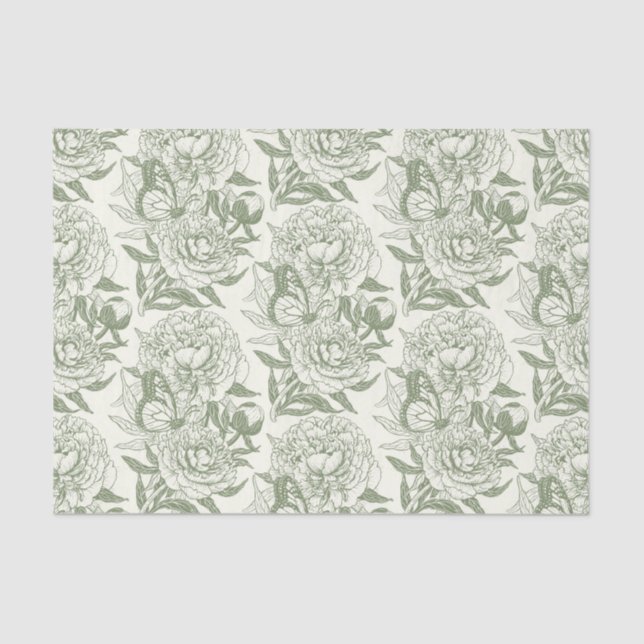 Peonies and butterflies block print, sage green an tissue paper (Front)