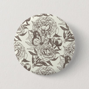 Peonies and butterflies block print, umber on off 2 inch round button
