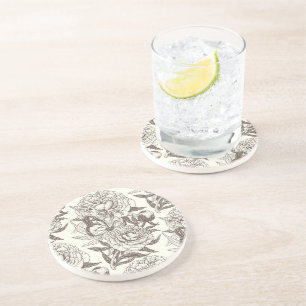 Peonies and butterflies block print, umber on off coaster