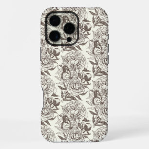 Peonies and butterflies block print, umber on off iPhone 16 pro max case
