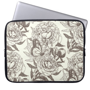 Peonies and butterflies block print, umber on off laptop sleeve