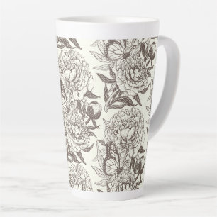 Peonies and butterflies block print, umber on off  latte mug