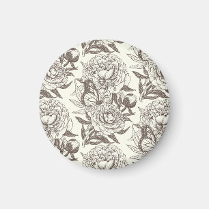 Peonies and butterflies block print, umber on off magnet