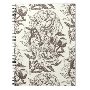 Peonies and butterflies block print, umber on off  notebook
