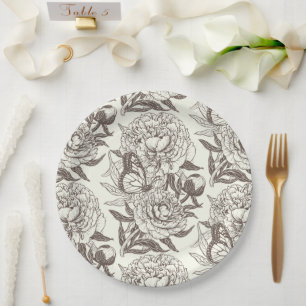 Peonies and butterflies block print, umber on off  paper plate