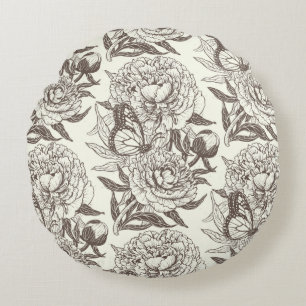 Peonies and butterflies block print, umber on off round pillow